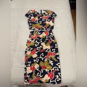 Zara Navy Floral Midi skirt and crop top set